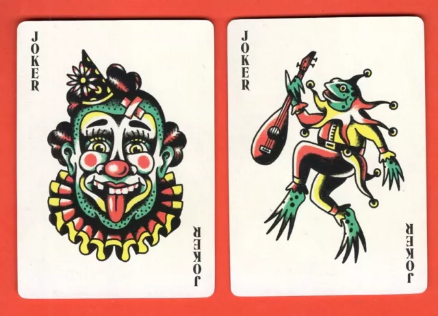2 Single Swap Playing Cards JOKERS CLOWN MUSICAL FROG TATTOO ART COLOR WIDE MINT