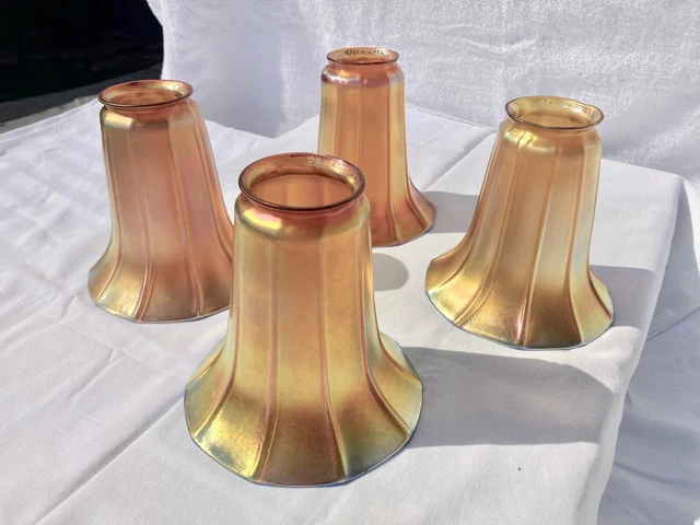 4 Antique Signed Quezal Art Glass Gold Aurene Ribbed Shades