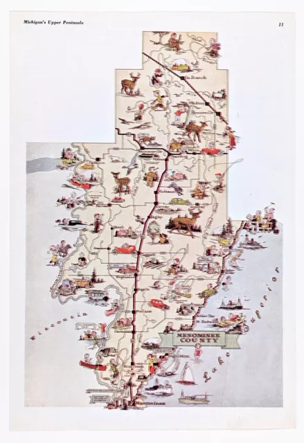 1936 UPPER PENINSULA Michigan Map Menominee ORIGINAL Daggett Stephenson