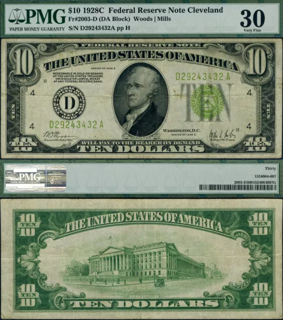 FR. 2003 D $10 1928-C Federal Reserve Note Cleveland D-A Block PMG VF30