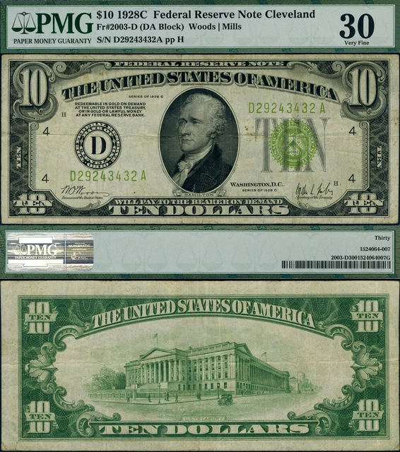 FR. 2003 D $10 1928-C Federal Reserve Note Cleveland D-A Block PMG VF30