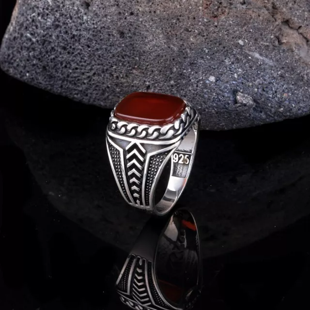 925 Plata de Ley Rojo Onix Piedra Hecho a Mano Hombres Anillo Todas las Tallas