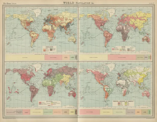 World - population races religions. Business languages. THE TIMES 1922 old map