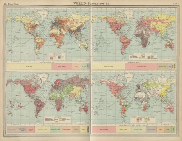 World - population races religions. Business languages. THE TIMES 1922 old map