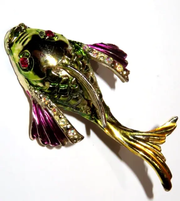 Vintage Gold Tone Colorful Enamel & Rhinestone Fish Brooch Lapel Pin 2.75"