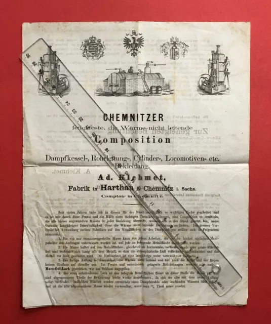 alter Reklame Prospekt 1873 Ad. Klehmet HARTHAU bei Chemnitz Maschinen ( F19526