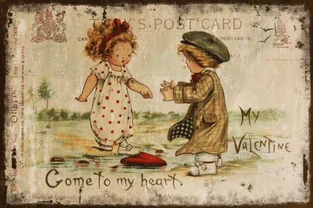 Vintage Valentinstag niedlicher Junge & Mädchen Postkarte Kunstbild gedruckt auf einem neuen Metallschild