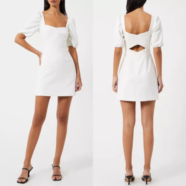 NEW FRENCH CONNECTION Whisper SUMMER White PUFF SLEEVE Cut Out Back MINI DRESS