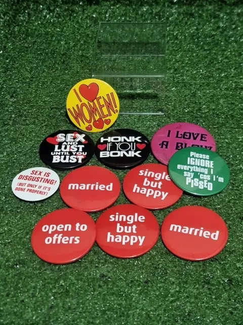 Novelty Sex Adult Humour Suggestive Slogan Pin Badge Collection x 11