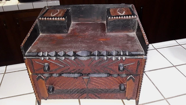 Antique Wood TRAMP ART KID'S DESK CABINET Handmade Two Drawers Two Compartments