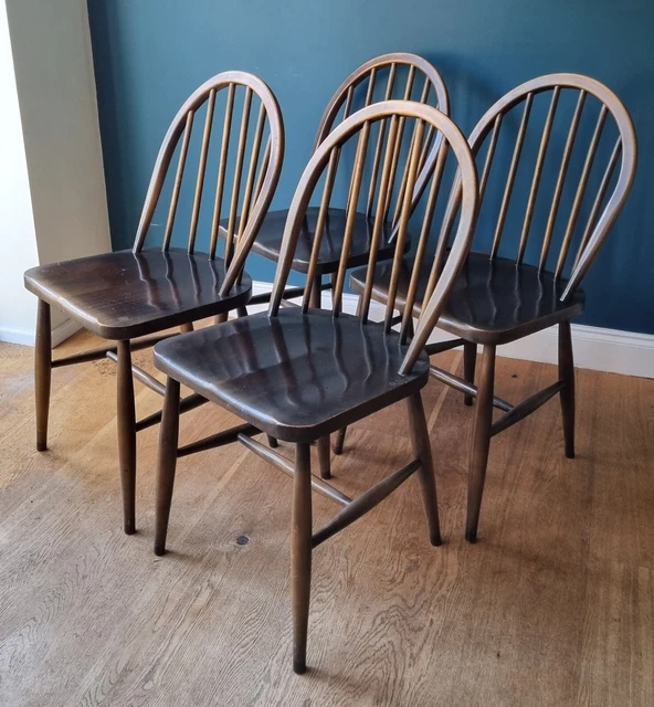 VINTAGE ERCOL DINING Chairs Set of 4 Dark, Early, DELIVERY AVAILABLE £ ...