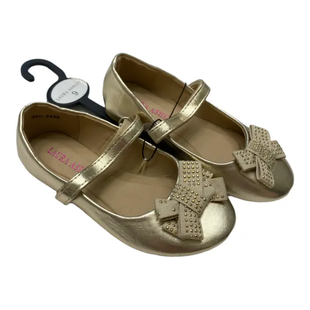 Laura Ashley Girl's Gold Bedazzled Bow Ballerina Flats Size 9 NWT B9