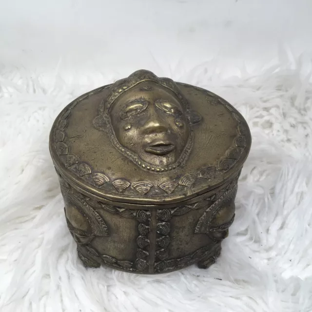 Rare Antique Ashanti Bronze Gold Dust Round  Box With  Mask Decoration In Relief