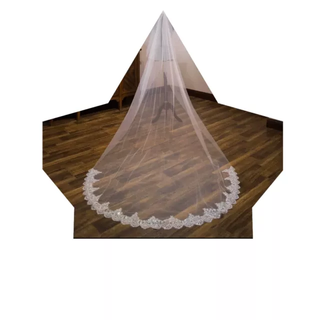 Wedding Bridal Ivory Chapel Veil 1 Tier Soft Tulle Sequin Lace Edge With Comb