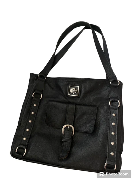 Vintage 90s Harley Davidson Black Leather Studded Tote Handbag, Biker Babe Moto