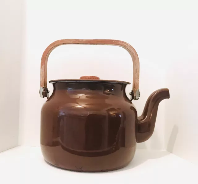 Vtg Fujihoro Japan Brown Enamel & Teak Wood Teapot Mid Century Modern Enamelware