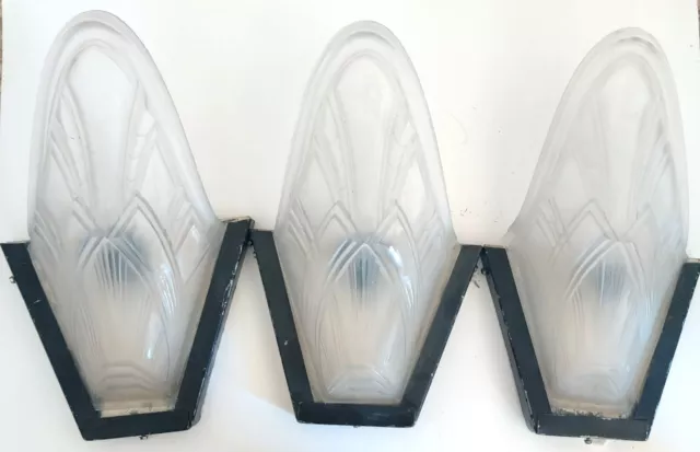 French Art Deco Glass Wall Sconces Light Fixtures 15x9 Lot 3 Antique Slip Shades