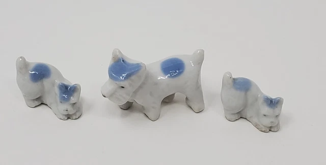 Vintage Terrier Dog Miniature Figurines Japan Blue And White Porcelain