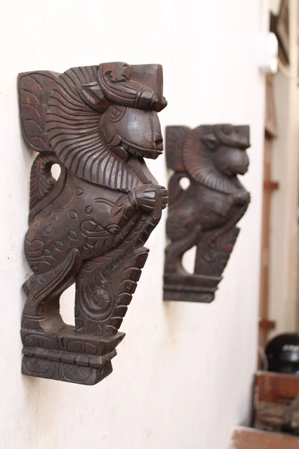 Wooden Wall Bracket Corbel Pair Yali Statue Dragon Shelf Support Vintage Decor