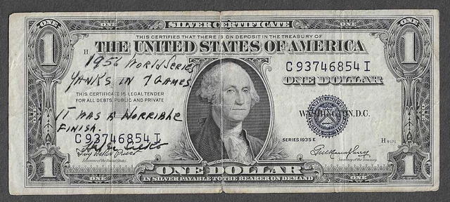 FR 1614 '56 WORLD SERIES YANKS IN 7 $1 Series 1935E Blue Seal Silver Certificate