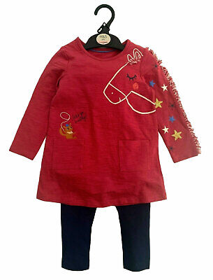 Girls Ex M*S Outfit Tunic Top Leggings Embroidered Red Navy Horse Ponies Set NEW