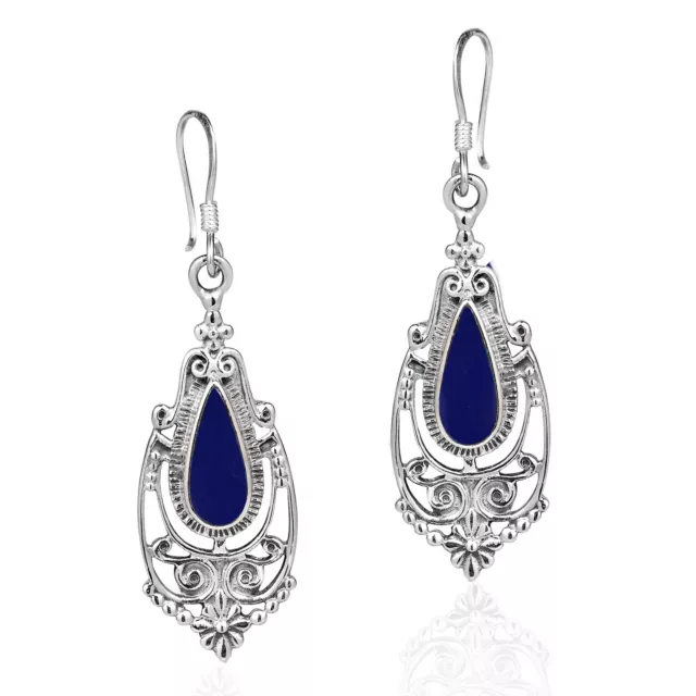 Victorian Style Teardrop Navy Blue Lapis Inlay Sterling Silver Dangle Earrings