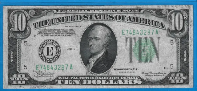 1934 $10 FRN E-Richmond,Mule Note B/P# 981,Dark Blue-Green Seal,Circ VF,Nice!