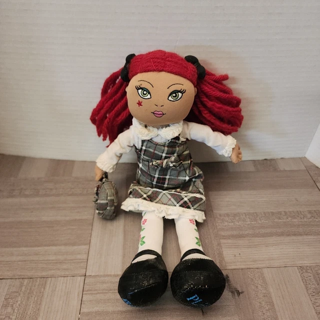 The Childrens Place Pals Plush Doll Red Yarn Hair Grey Checker Dress Basket