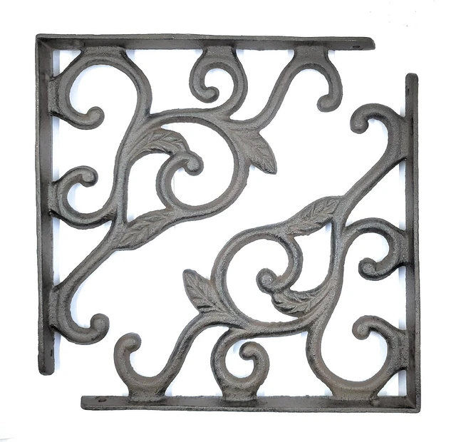 2 Cast Iron Shelf Bracket Brace Ornate Leaf Vine Design Rustic Brown 9"