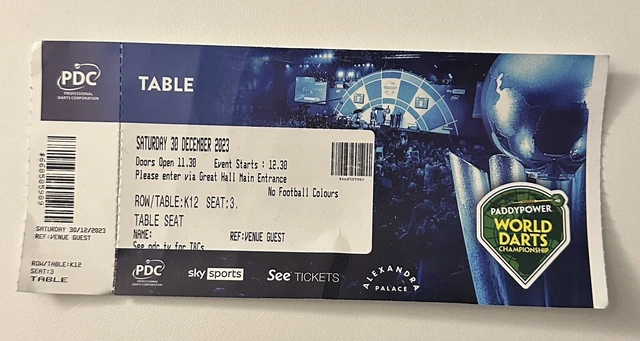 PADDY POWER DARTS World Championships 2024 Ticket Stub Table 30/12/23 £