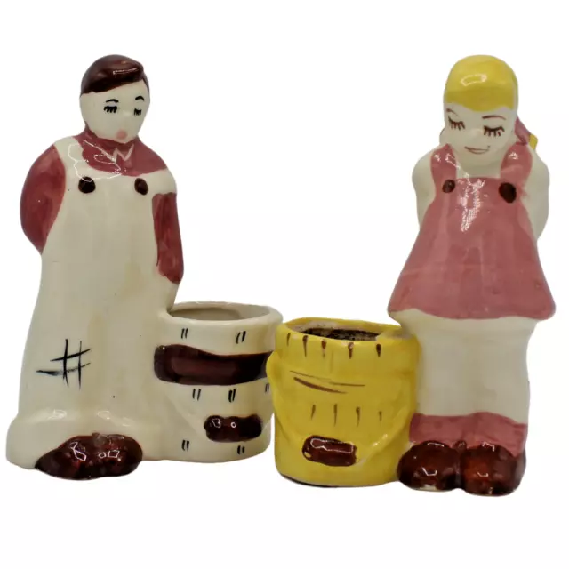 Vintage Ceramic Pottery Farm Boy Farm Girl Jack and Jill Planter Vases Figurines