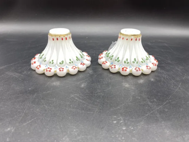 Vintage Milk Glass Candle Stick Holder Hand Painted Flowers