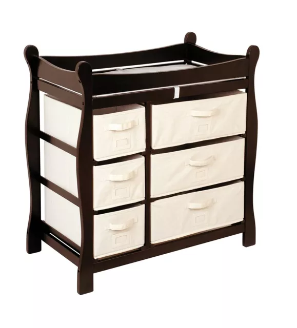 Sleigh Style Baby Changing Table with 6 Storage Baskets and Pad - Espresso