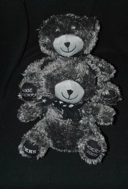 Lot 2 peluche doudou ours gris NOCIBE 2009 IKKS écharpe noir étoile 25 cm assis