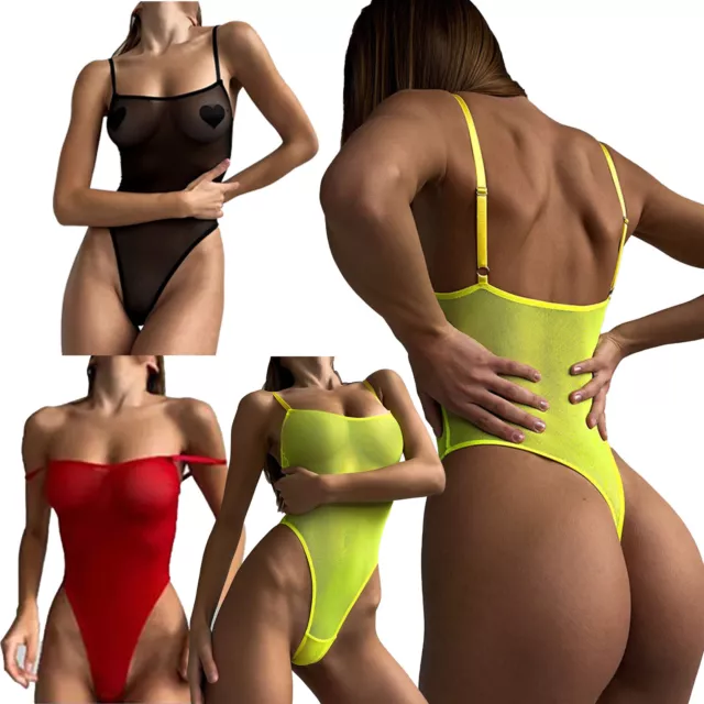 WOMENS SEE THROUGH Leotard High Cut Thong Bodysuit Sheer Swimwear