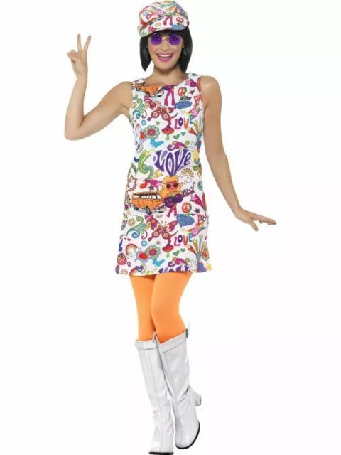 Ladies Groovy Chick Costume Hippie Peace & Love Retro 60s Fancy Dress with Hat
