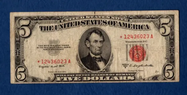1953B United States Note $5 Dollar Bill STAR Red Seal Avg Circulated- *12436023A