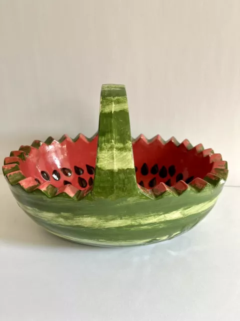 Vintage Handpainted Watermelon basket ceramic serving bowl w/handle fruit bowl