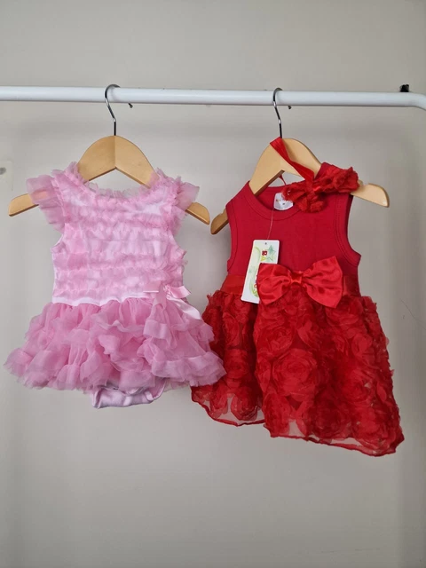 Baby Girls Dress Bundle Floral Ruffles Red And Pink Age 0-3 Months