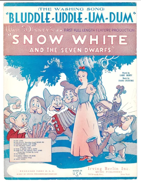 rare WALT DISNEY Sheet Music BLUDDLE-UDDLE-UM-DUM / SNOW WHITE & 7 DWARFS  1938