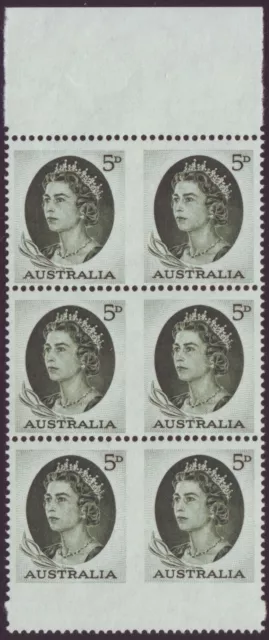 AUSTRALIA 5d GREEN QEII - PANE OF 6 IMPERF BETWEEN PAIRS - MUH (A21347)