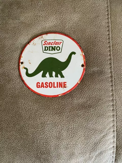 Sinclair Dino Gasoline Porcelain Sign, 6 Inch As Found