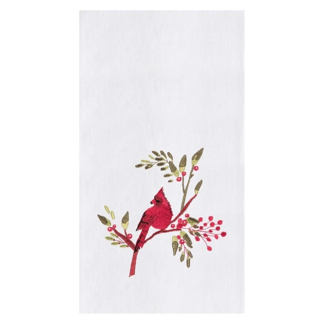 Red Cardinal On Berry Branch Embroidered Flour Sack Kitchen Dish Towel