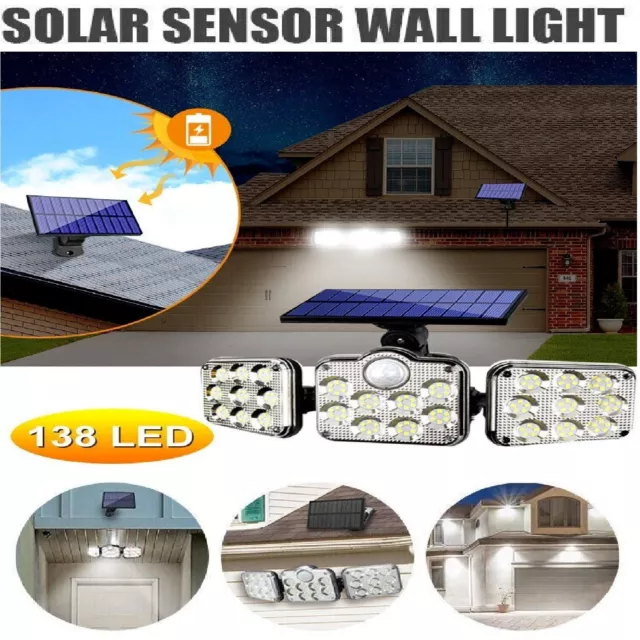 LED 138 3Head Solar Motion Sensor Lamp Outdoor Garden Wall Security Flood Light