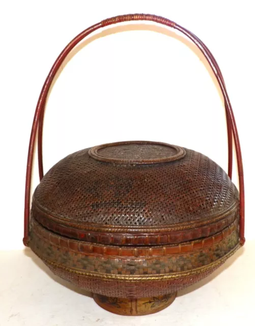 Ikebana Bamboo Weave Rattan Round Basket w/ Lid Oriental