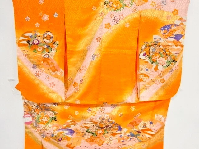 45042# Japanese Kimono / Kimono For Girls / Fan With Drum & Floral Plants