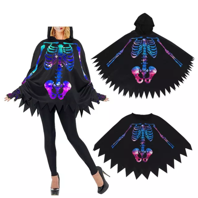 Kids Adult Cloak Dress Up Skeleton Poncho Cosplay Short Cape Carnival Hooded