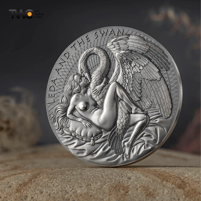 Leda and the Swan Celestial Beauty 2 oz Antique finish Silver Coin Cameroon 2023