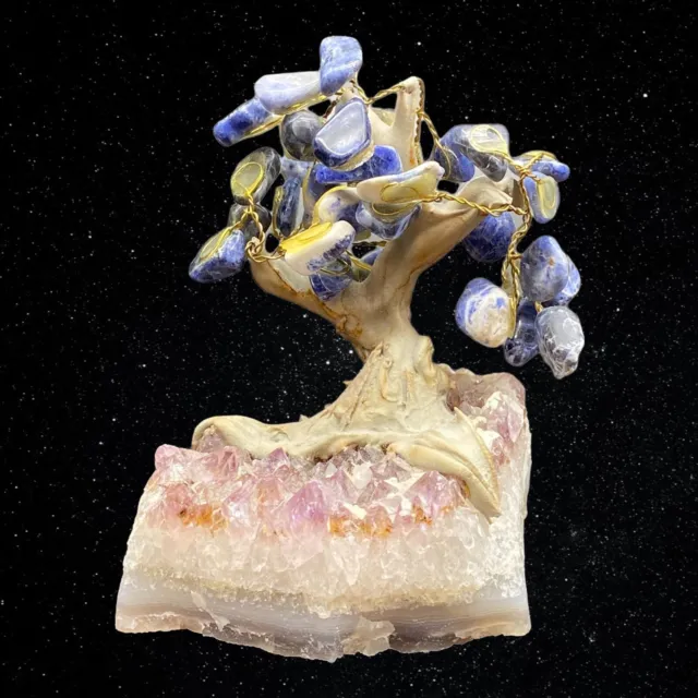 Gem Bonsai Tree on Amethyst Base Miniature Sodalite Stones 4”T 3.5”W