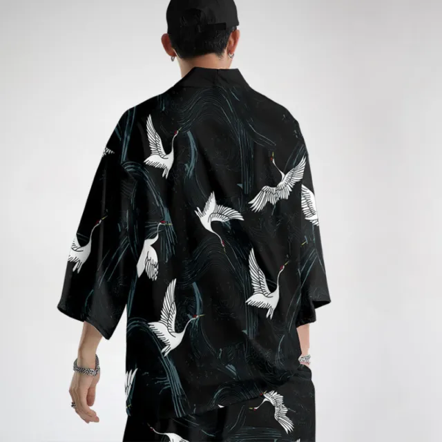 Uomo Crane Kimono Cappotto Giacca Top Pantaloni Giapponese Casual Sciolto Nero